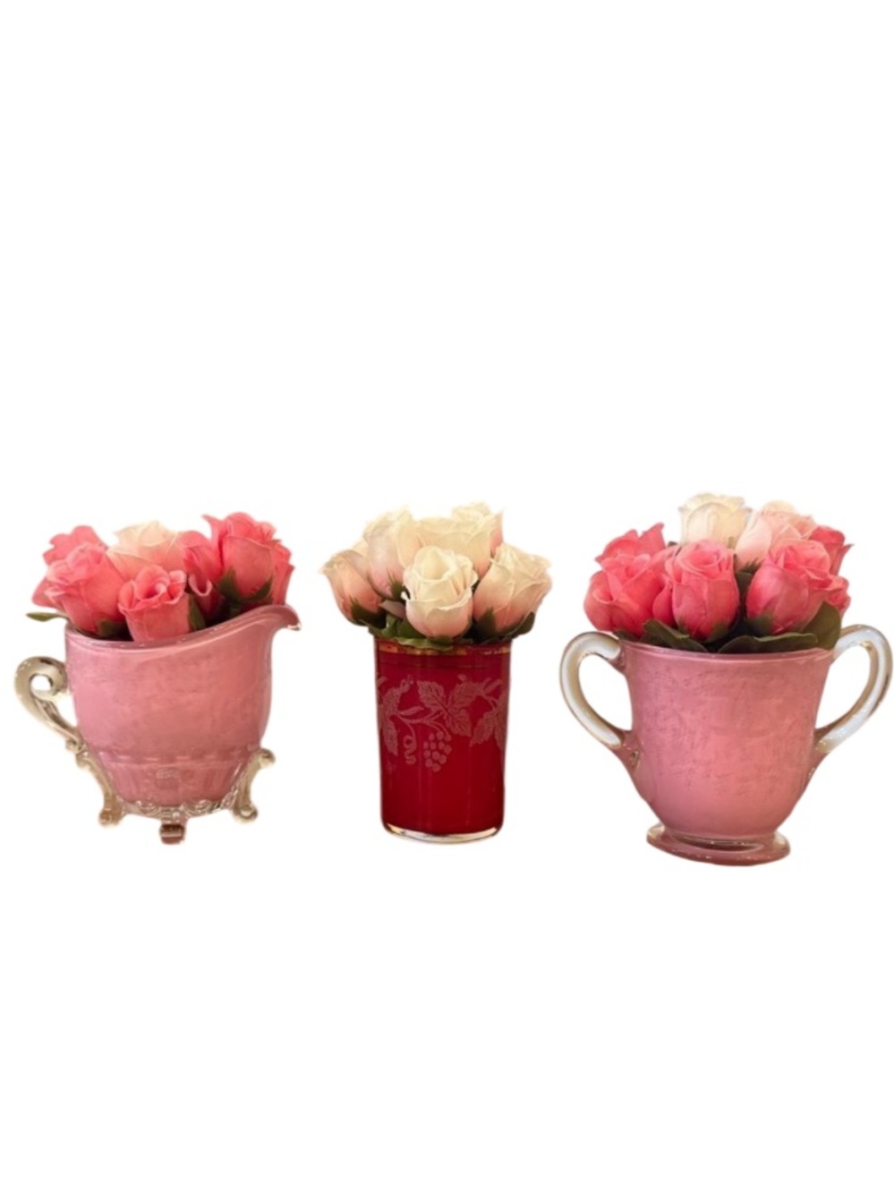 Vintage Pink Floral Bud Vase Set Hand Painted Cottagecore Shabby Chic 3 Pieces